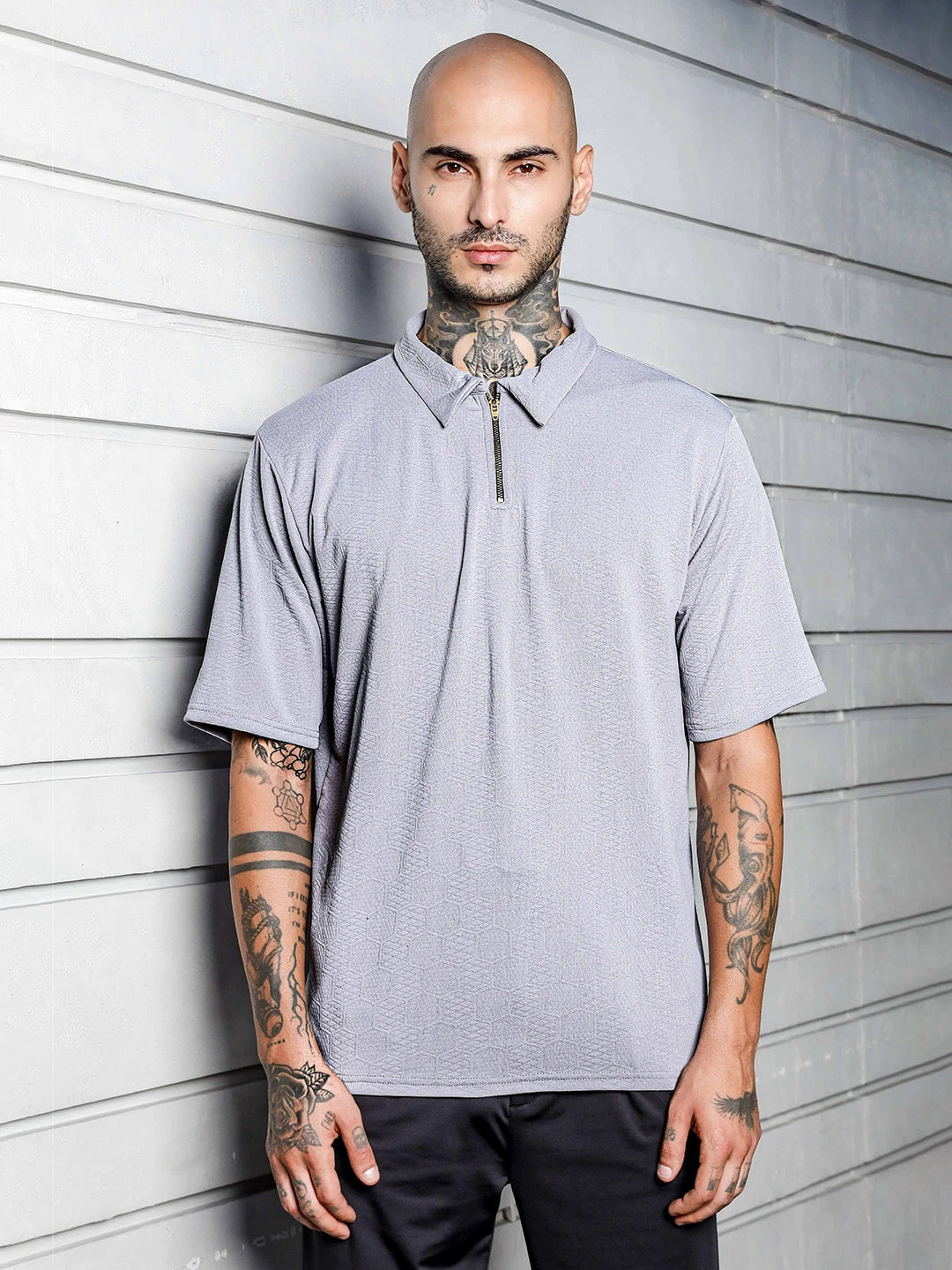 House Of Koala Grey Textured Polo Neck Oversized T-Shirt