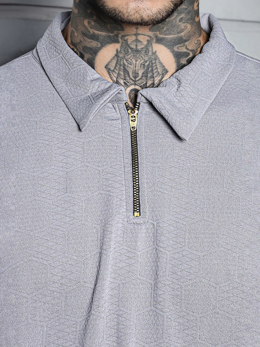 House Of Koala Grey Textured Polo Neck Oversized T-Shirt