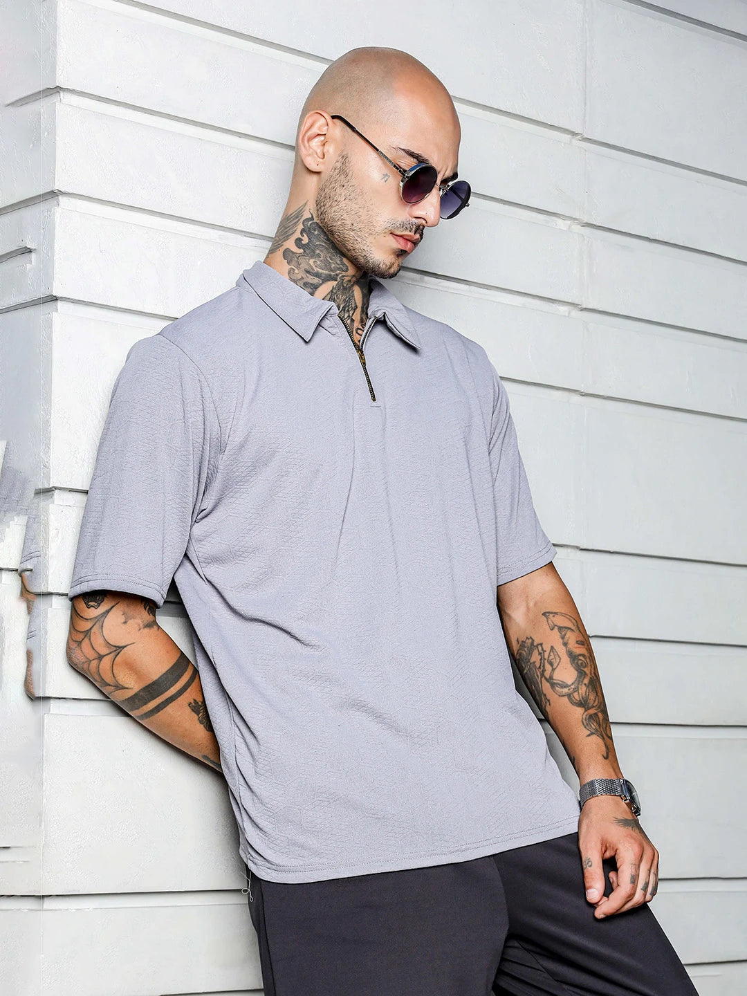 House Of Koala Grey Textured Polo Neck Oversized T-Shirt