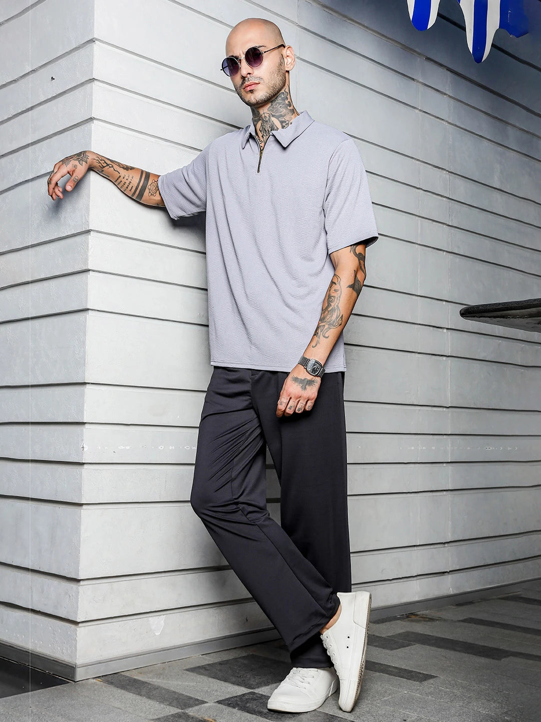 House Of Koala Grey Textured Polo Neck Oversized T-Shirt