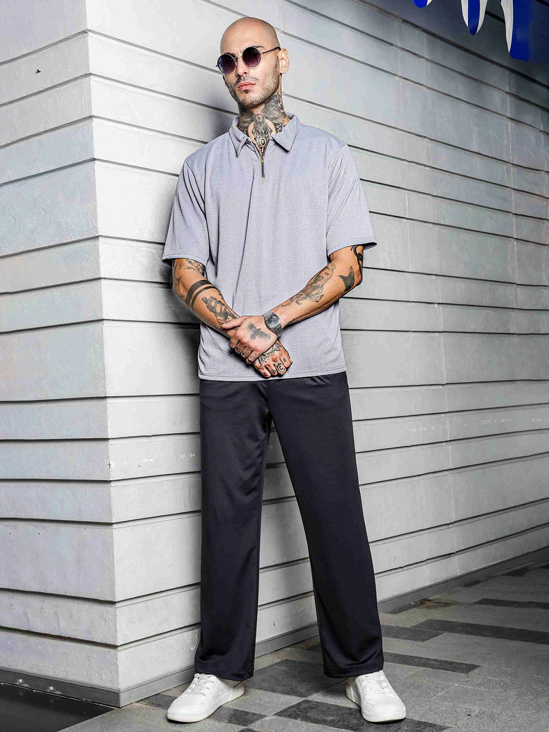 House Of Koala Grey Textured Polo Neck Oversized T-Shirt