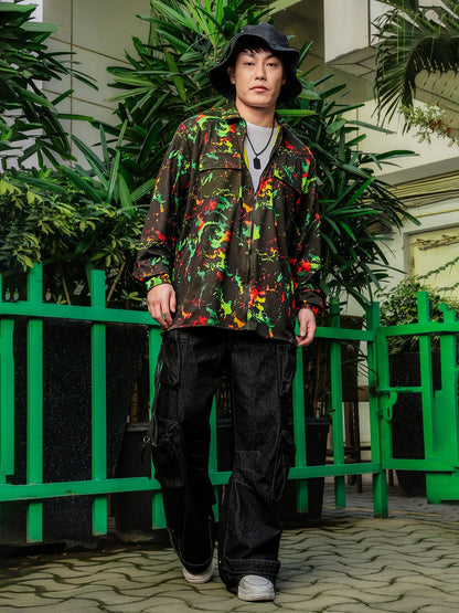 House Of Koala Black Abstract Printed Drop-Shoulder Relaxed Fit Shirt Zipper Shirt