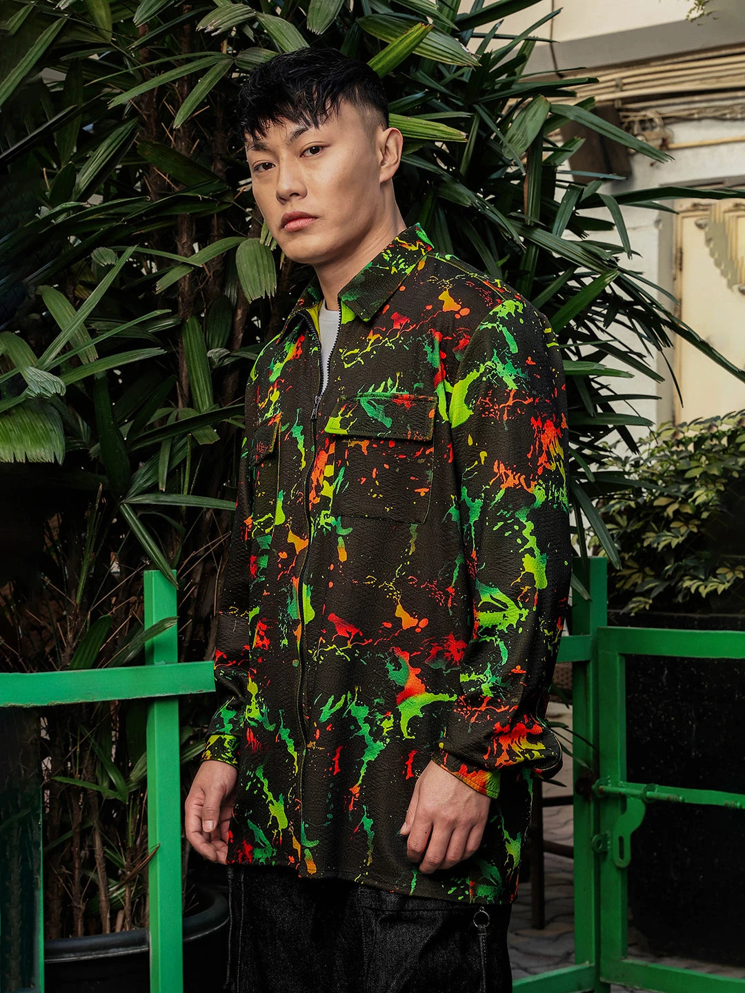 House Of Koala Black Abstract Printed Drop-Shoulder Relaxed Fit Shirt Zipper Shirt