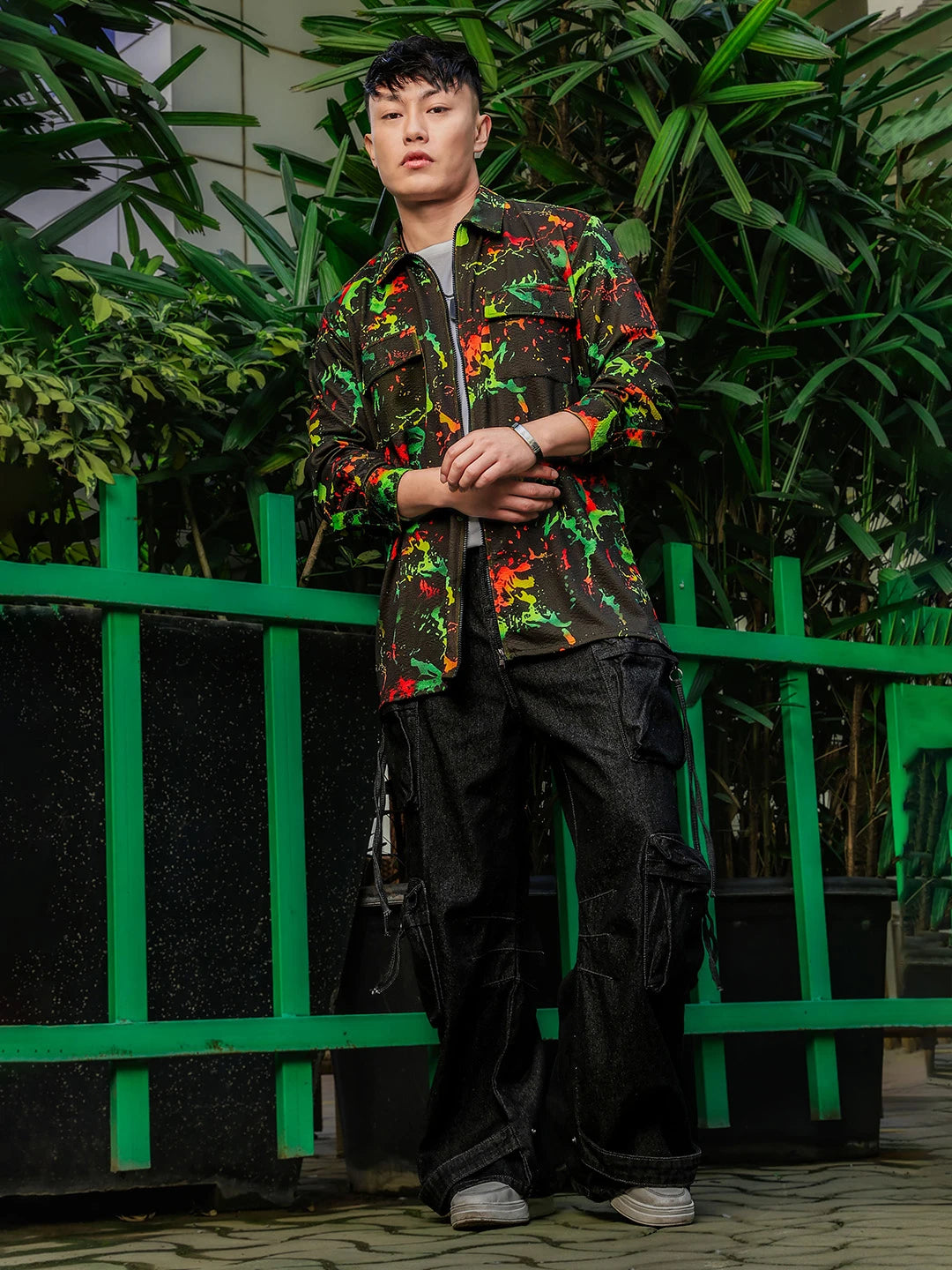 House Of Koala Black Abstract Printed Drop-Shoulder Relaxed Fit Shirt Zipper Shirt