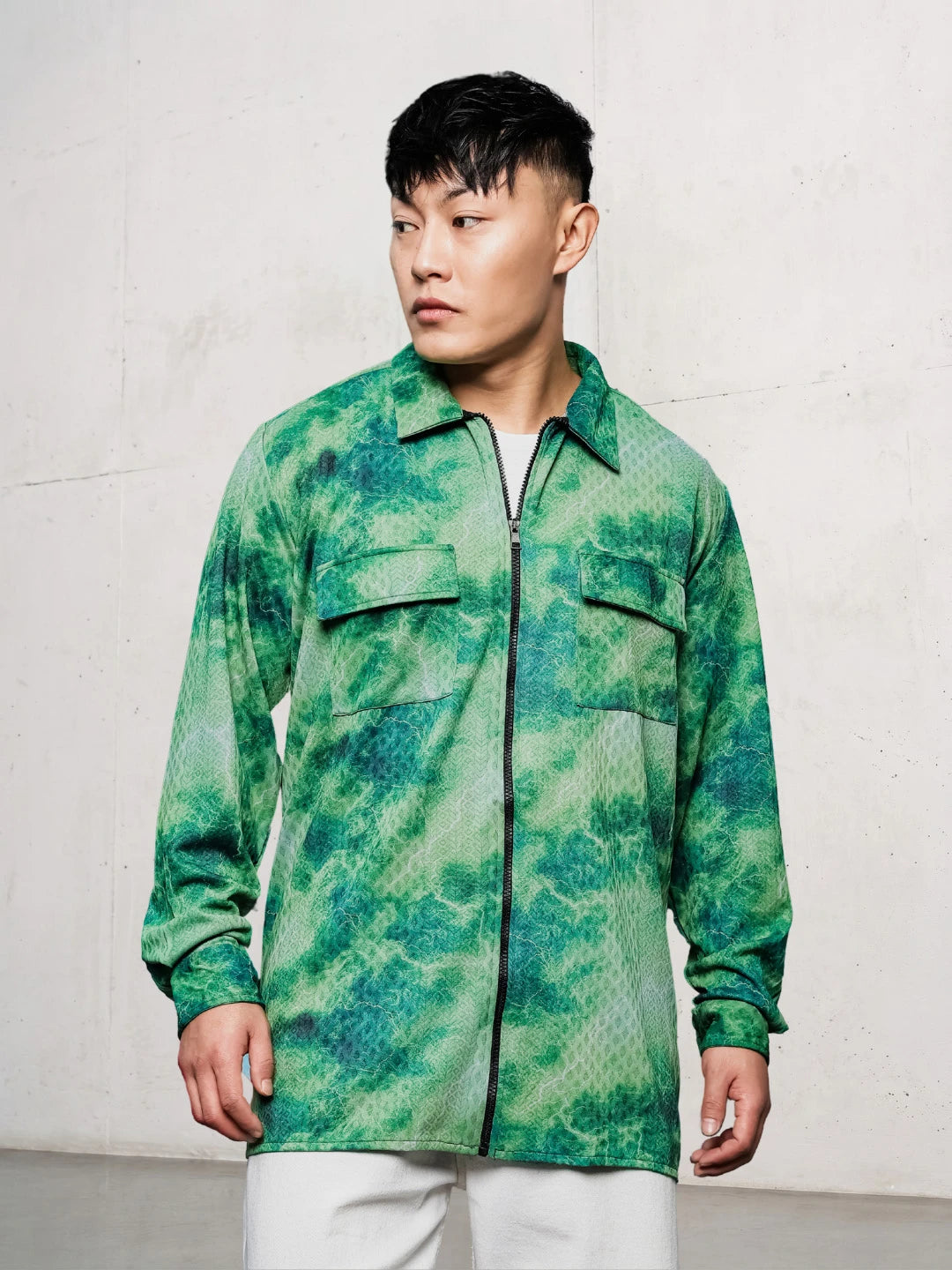 House Of Koala Grey & Green Abstract Printed Drop-Shoulder Relaxed Fit Shirt Zipper Shirt