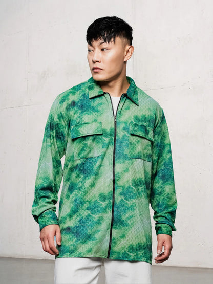 House Of Koala Grey & Green Abstract Printed Drop-Shoulder Relaxed Fit Shirt Zipper Shirt