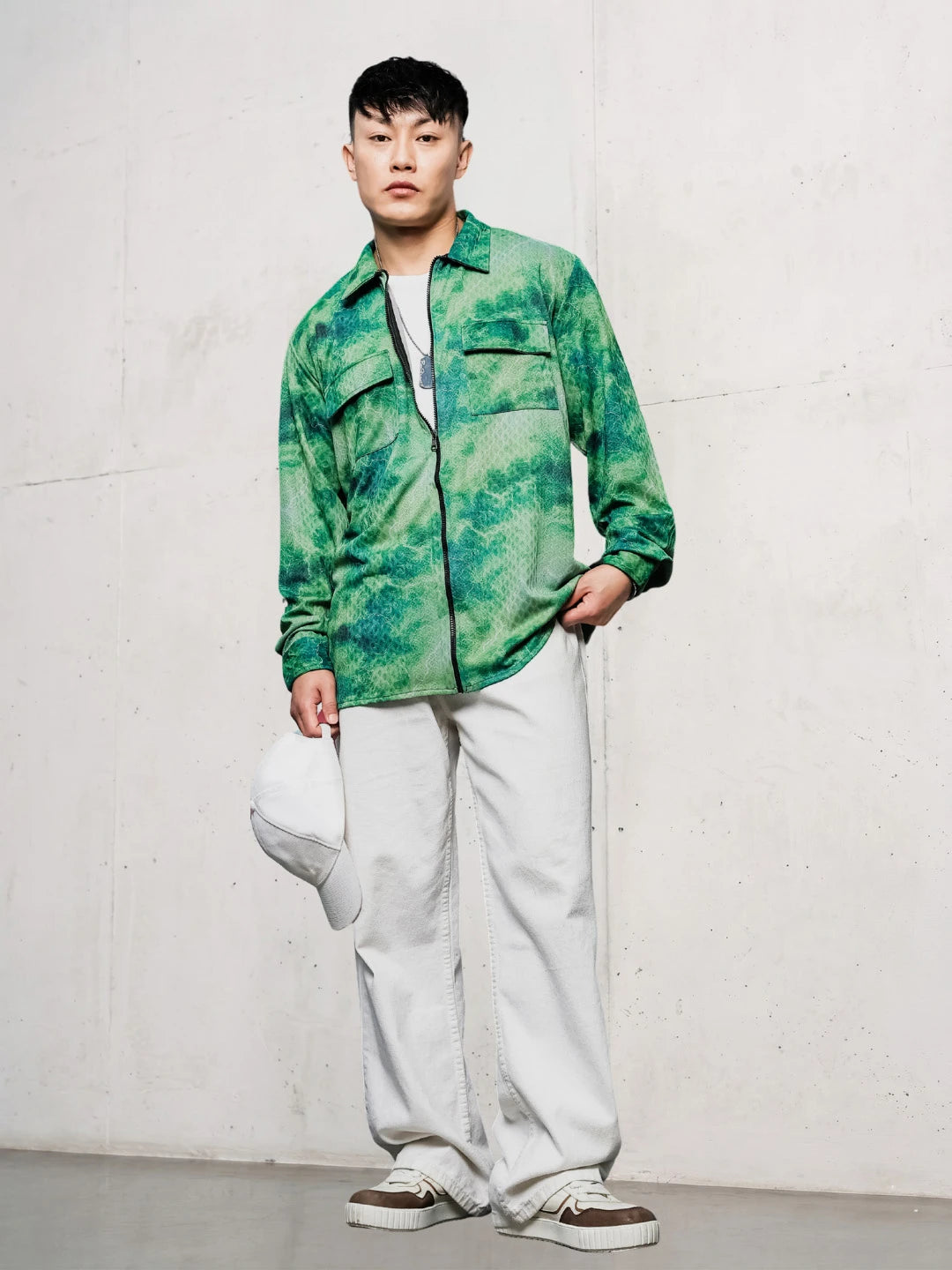 House Of Koala Grey & Green Abstract Printed Drop-Shoulder Relaxed Fit Shirt Zipper Shirt