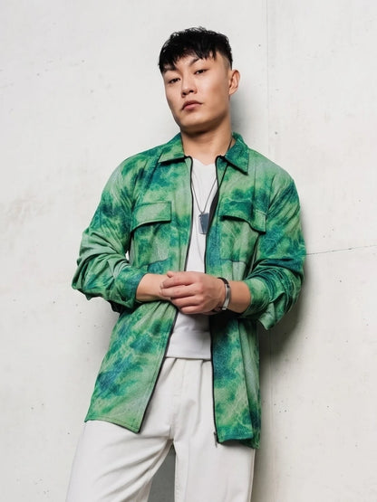 House Of Koala Grey & Green Abstract Printed Drop-Shoulder Relaxed Fit Shirt Zipper Shirt
