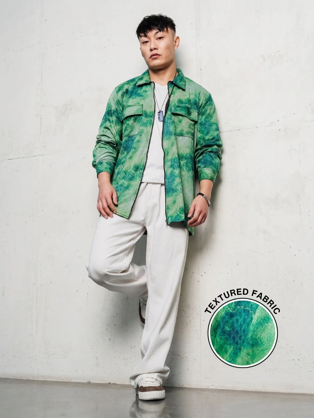 House Of Koala Grey & Green Abstract Printed Drop-Shoulder Relaxed Fit Shirt Zipper Shirt
