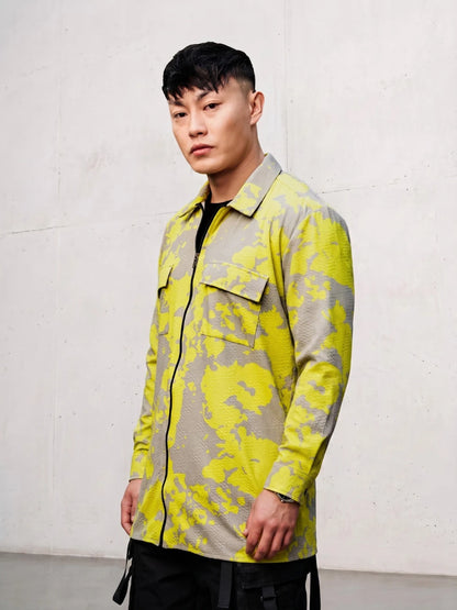 House Of Koala Neon Grey Splatter Abstract Print Textured Drop-Shoulder Relaxed Fit Shirt Zipper Shirt