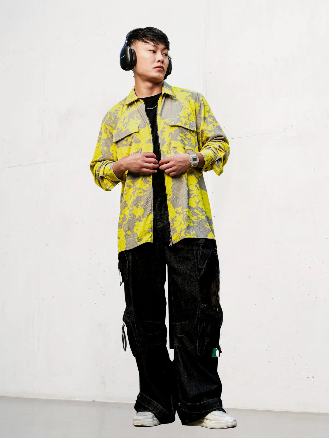 House Of Koala Neon Grey Splatter Abstract Print Textured Drop-Shoulder Relaxed Fit Shirt Zipper Shirt