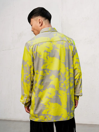 House Of Koala Neon Grey Splatter Abstract Print Textured Drop-Shoulder Relaxed Fit Shirt Zipper Shirt