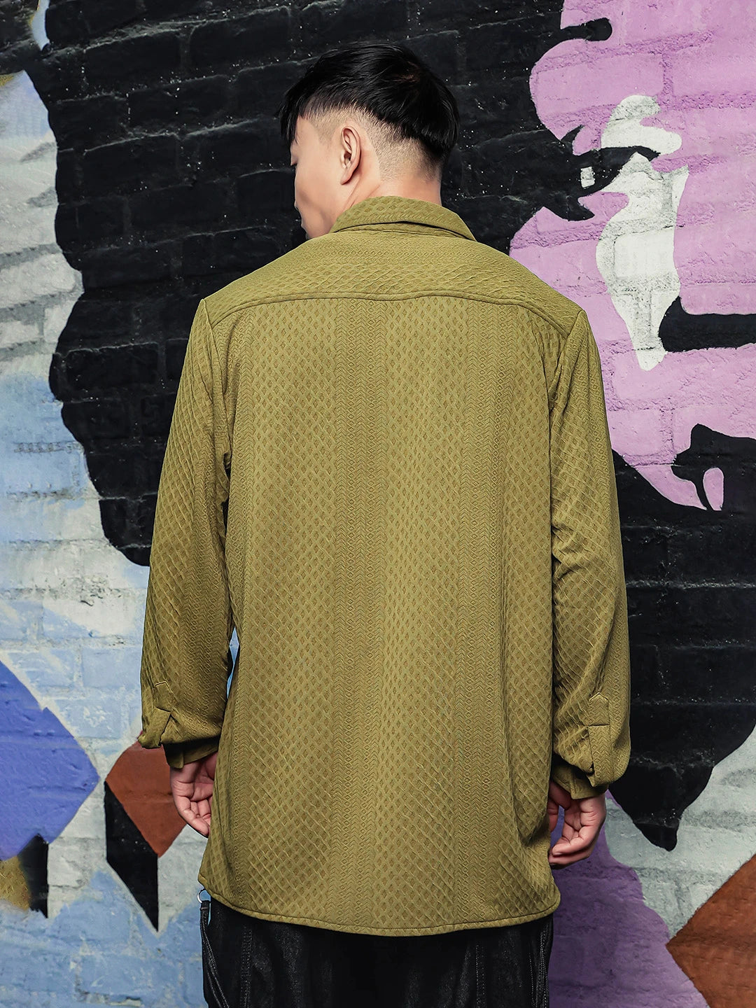 House Of Koala Olive Textured Drop-Shoulder Relaxed Fit Shirt Zipper Shacket