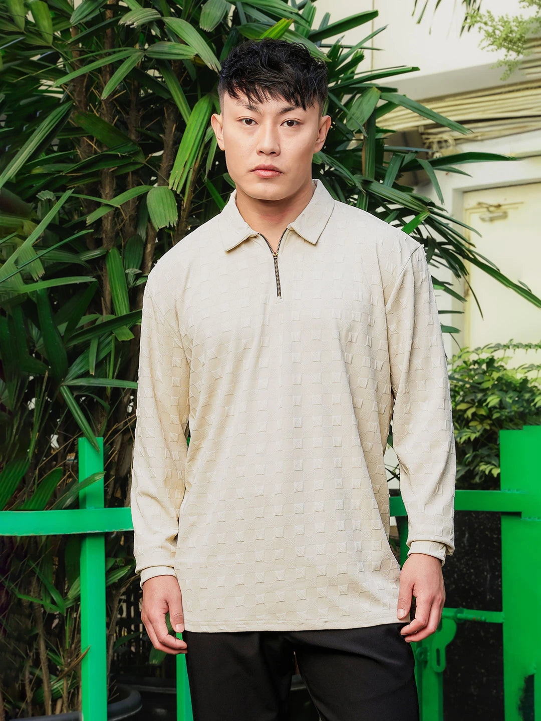 House Of Koala Off-White Solid Textured Cable Knit Drop-Shoulder Relaxed Fit Polo Neck Full Sleeve T-Shirt