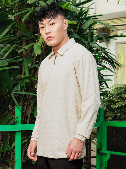House Of Koala Off-White Solid Textured Cable Knit Drop-Shoulder Relaxed Fit Polo Neck Full Sleeve T-Shirt