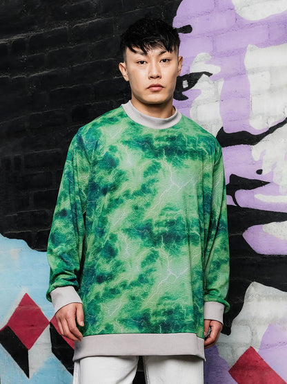 House Of Koala Grey & Green Abstract Printed Drop-Shoulder Relaxed Fit Pullover T-tshirt