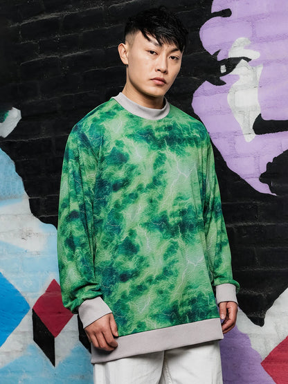 House Of Koala Grey & Green Abstract Printed Drop-Shoulder Relaxed Fit Pullover T-tshirt