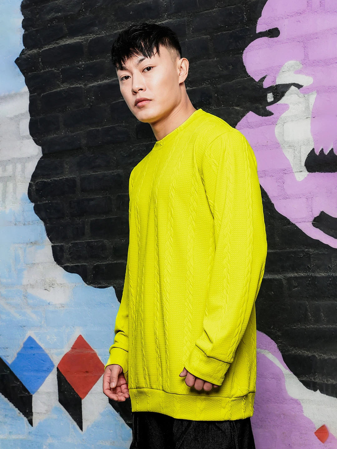 House Of Koala Neon Green Solid Textured Cable Knit Drop-Shoulder Relaxed Fit Pullover T-tshirt