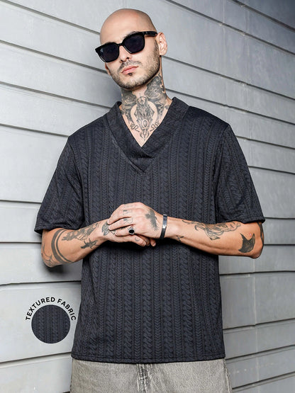 House Of Koala Black Textured V-Neck Oversized T-Shirt