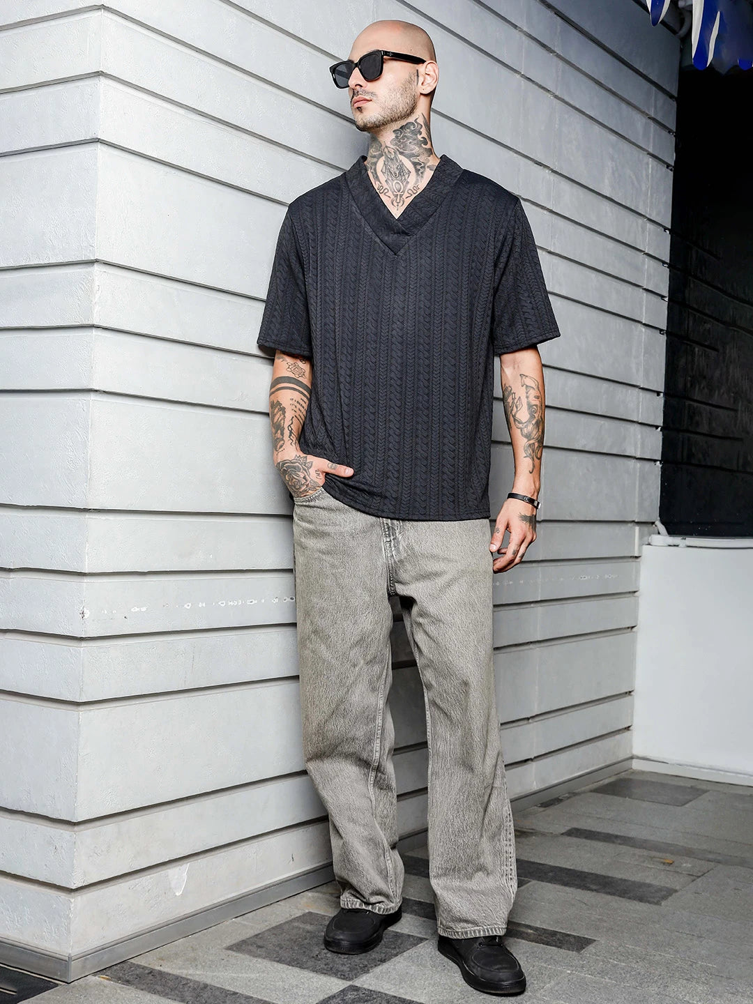 House Of Koala Black Textured V-Neck Oversized T-Shirt