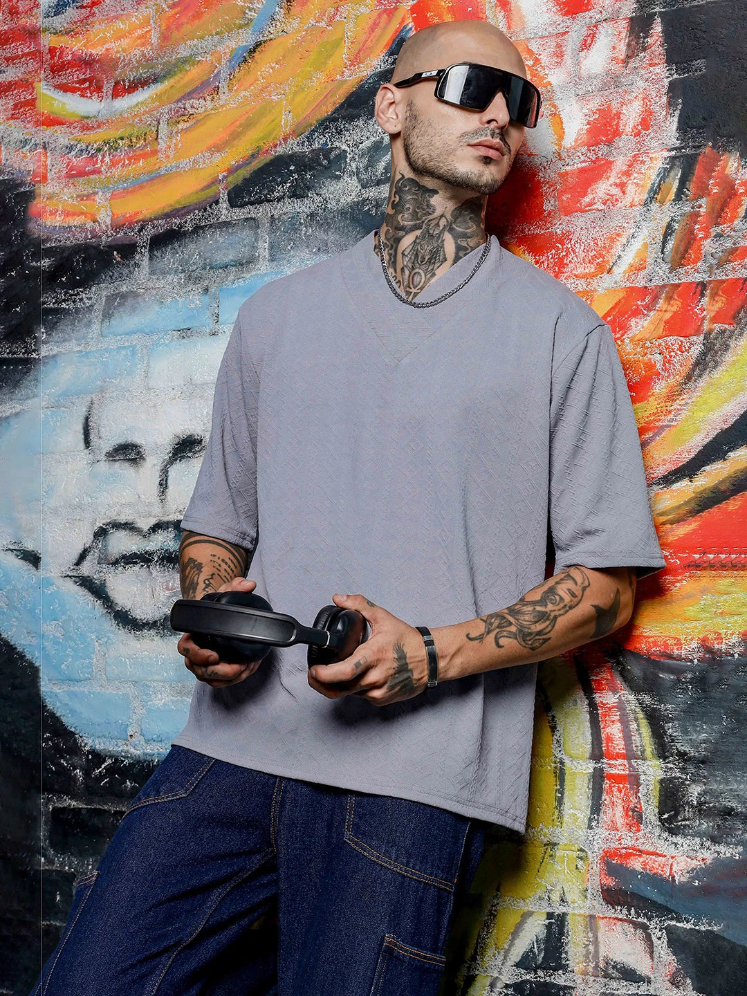 House Of Koala Grey Textured V-Neck Oversized T-Shirt
