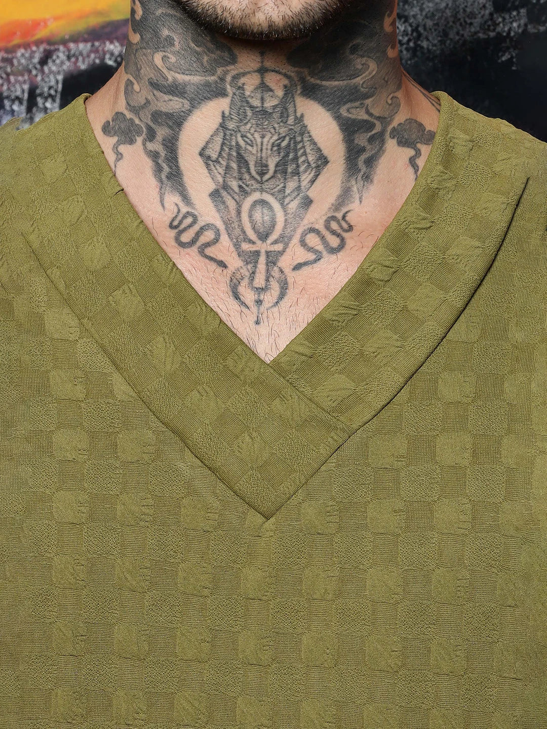 House Of Koala olive Textured V-Neck Oversized T-Shirt