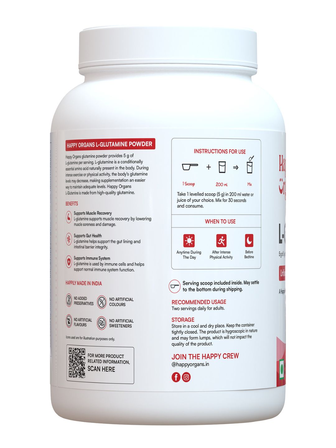 Happy Organs L-Glutamine Muscle Recovery & Gut Health Powder (1kg)