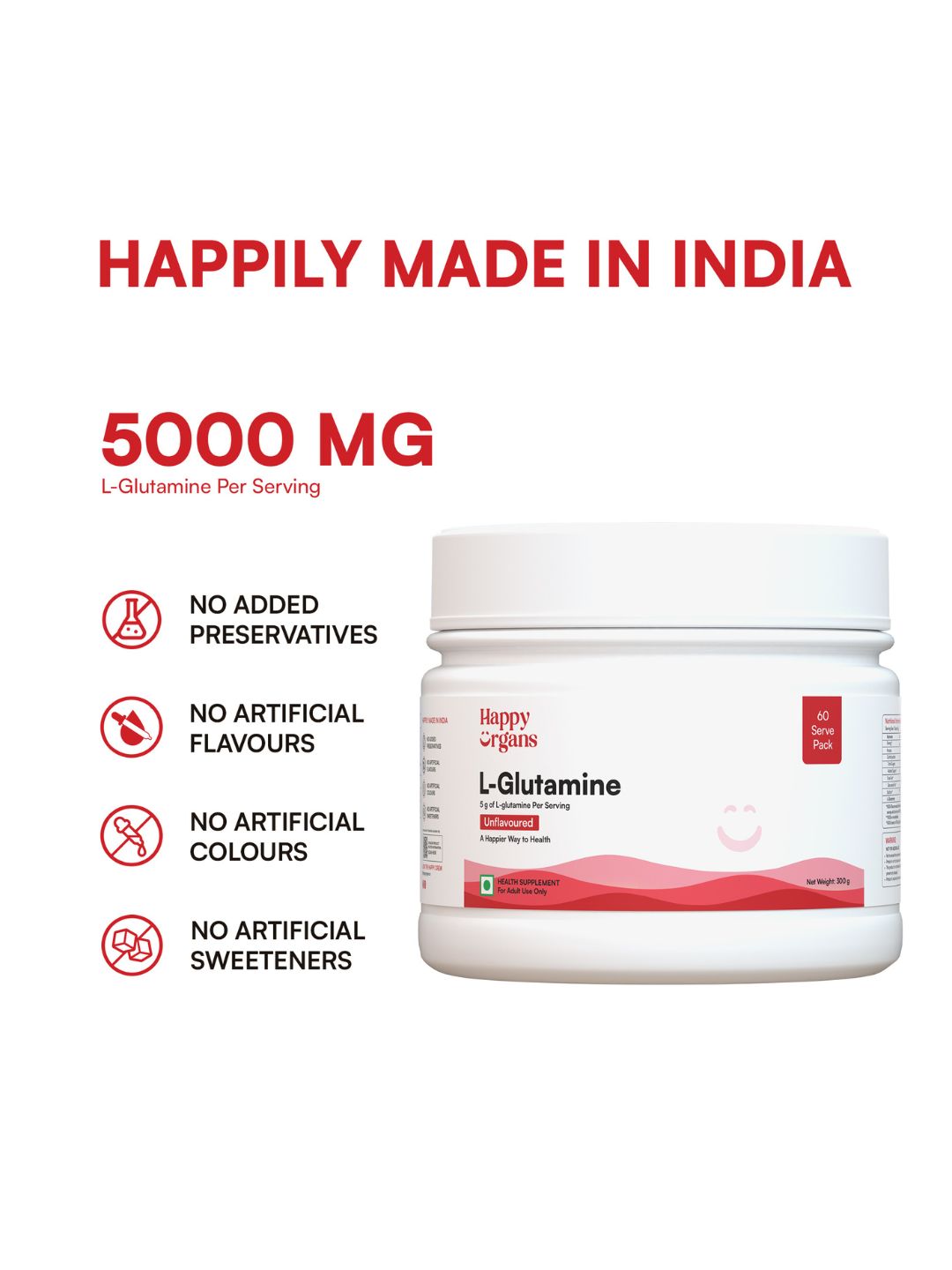 Happy Organs L-Glutamine Muscle Recovery & Gut Health Powder (300g)