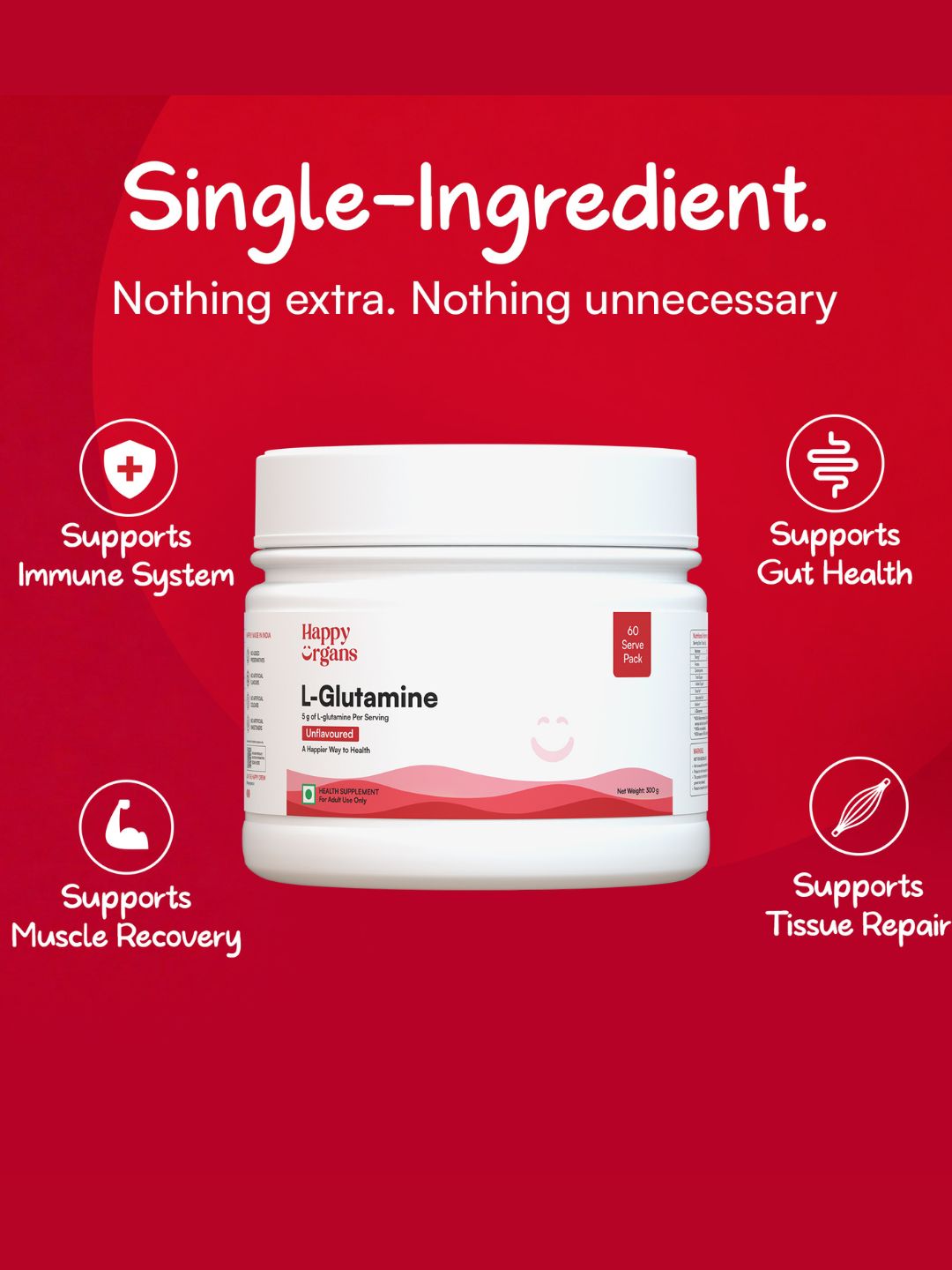 Happy Organs L-Glutamine Muscle Recovery & Gut Health Powder (300g)