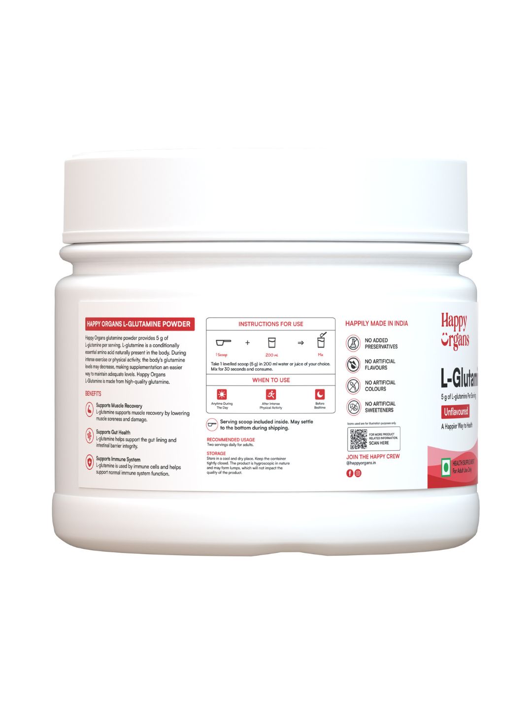 Happy Organs L-Glutamine Muscle Recovery & Gut Health Powder (300g)