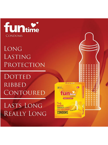 Funtime Dotted Ribbed and Contoured Condoms Fruity Banana Flavoured Condoms