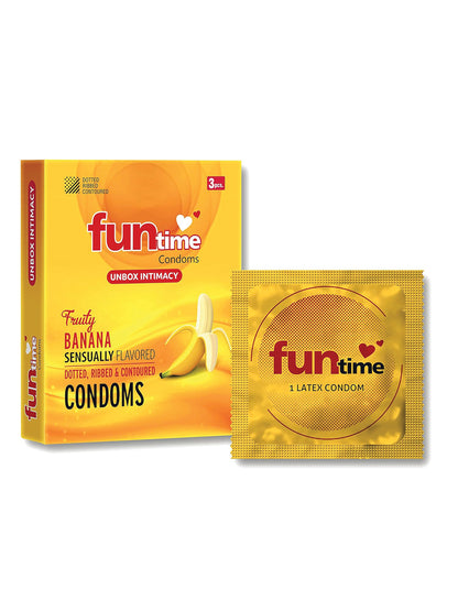 Funtime Dotted Ribbed and Contoured Condoms Fruity Banana Flavoured Condoms