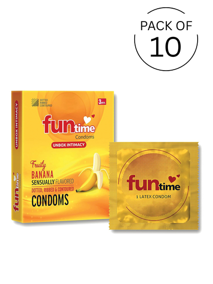 Funtime Dotted Ribbed and Contoured Condoms Fruity Banana Flavoured Condoms