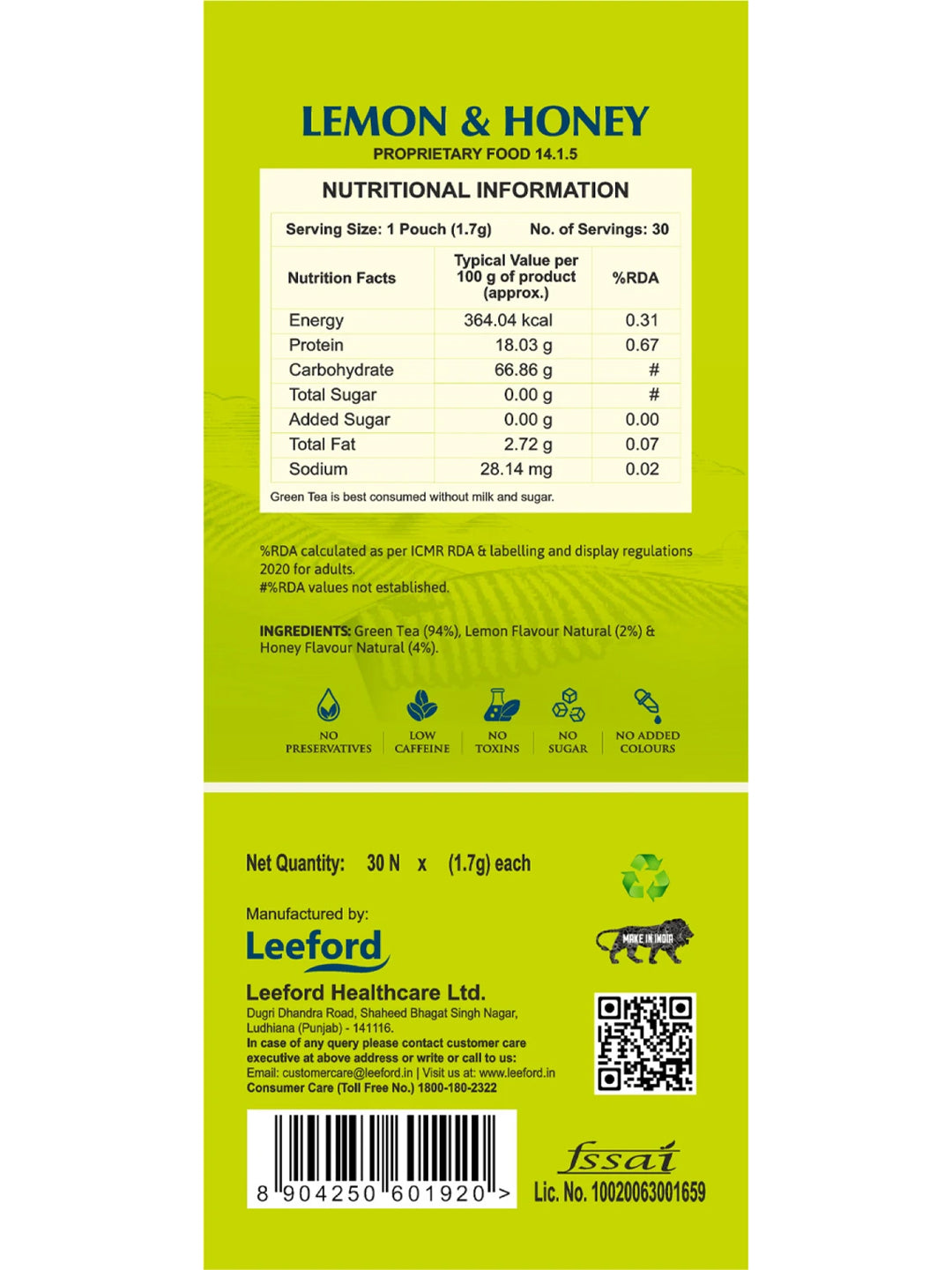 Leeford Green Tea Lemon (30 bags)