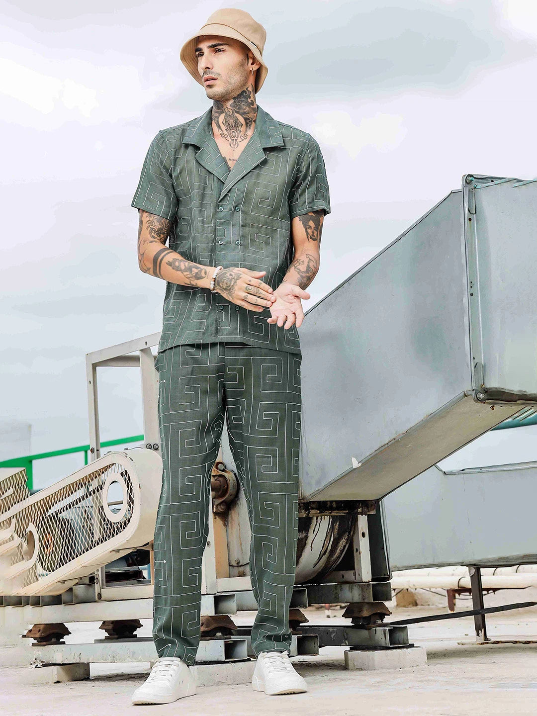 House Of Koala Olive Linen Blend Embroidered Relaxed Fit All Day Pants