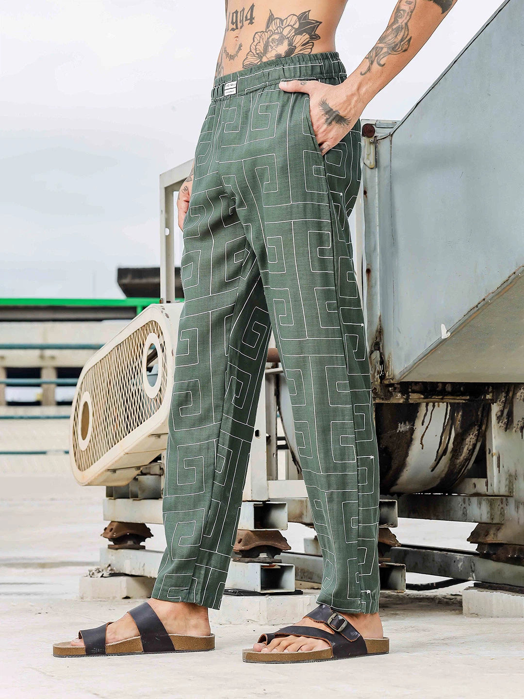 House Of Koala Olive Linen Blend Embroidered Relaxed Fit All Day Pants