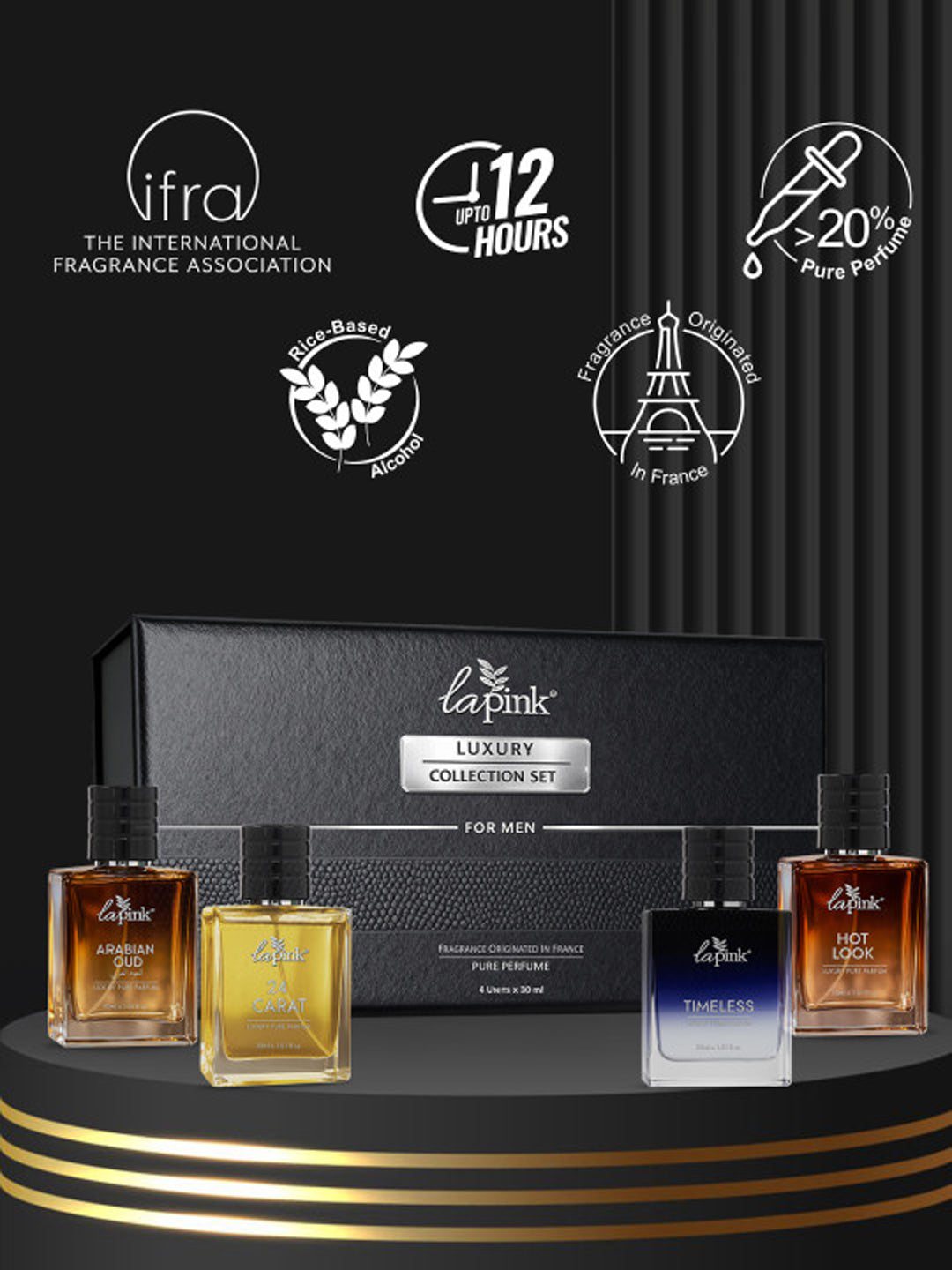 La Pink Luxury Collection Gift Set for Men Hot Look, 24 Carat, Timeless, Arabian Oud (4x30ml)