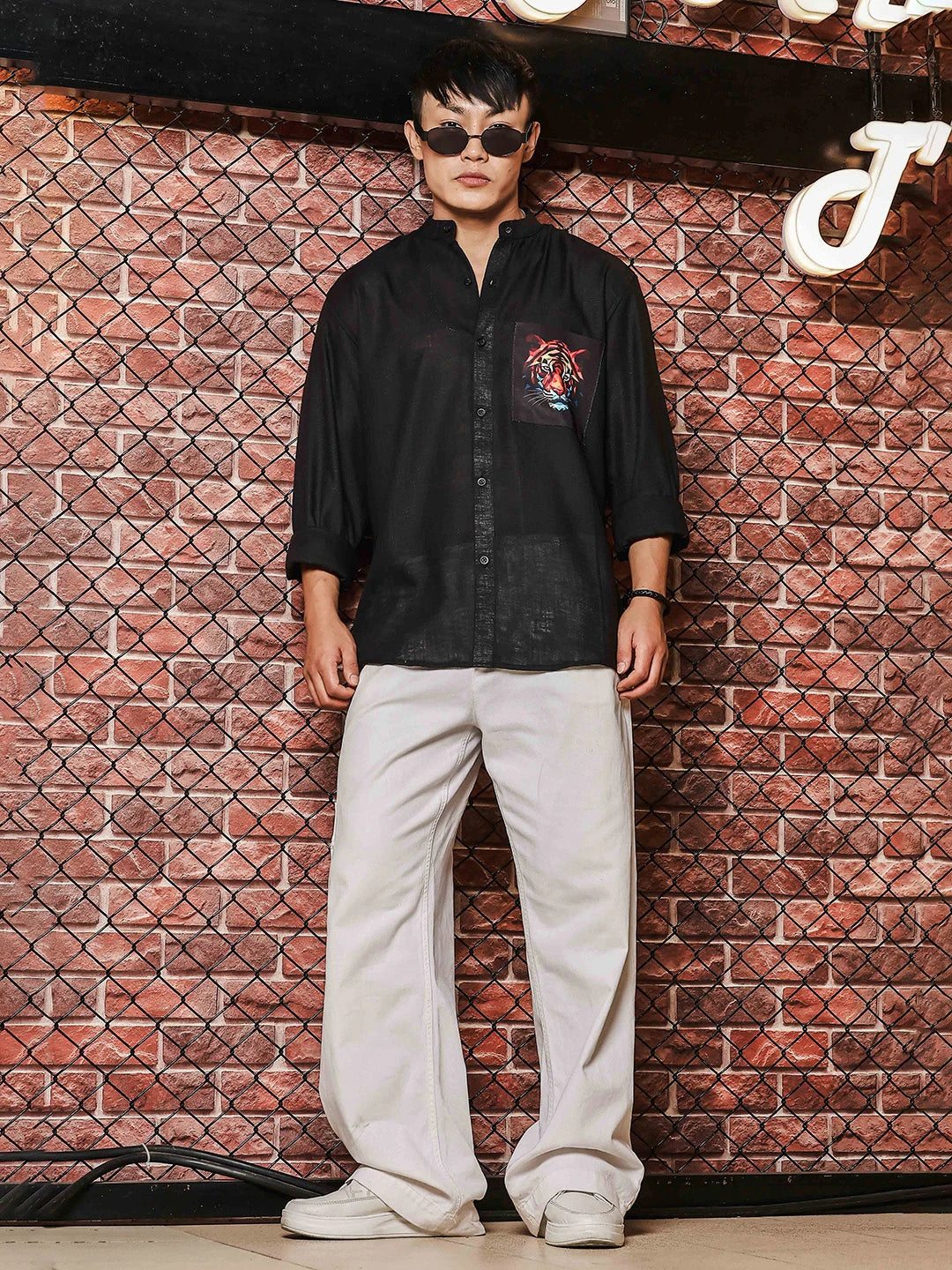 House Of Koala Black Linen Blend Mandarin Collar Relaxed Fit Shirt with Applique Pocket