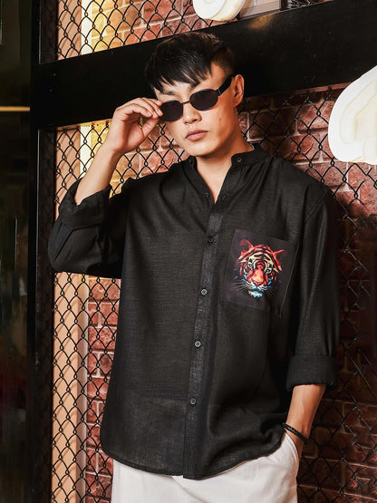 House Of Koala Black Linen Blend Mandarin Collar Relaxed Fit Shirt with Applique Pocket