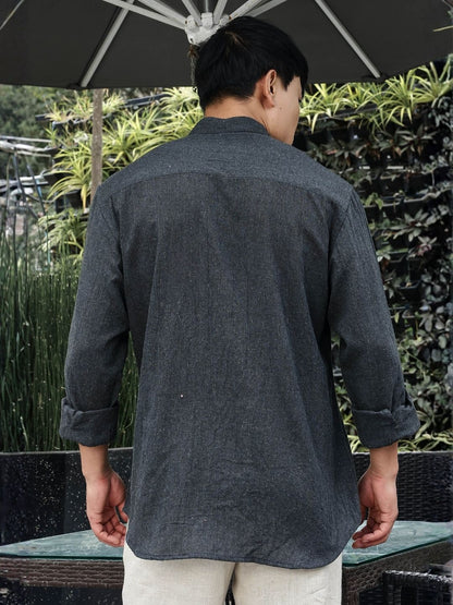 House Of Koala Charcoal Black Mandarin Collar Relaxed Fit Linen Blend Shirt