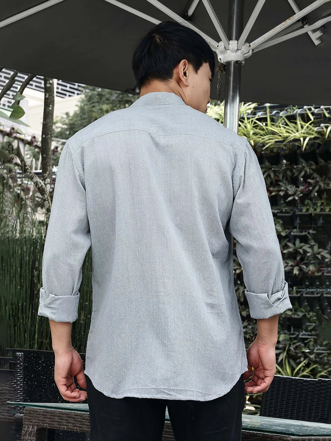 House Of Koala Blue Linen Blend Mandarin Collar Relaxed Fit Shirt