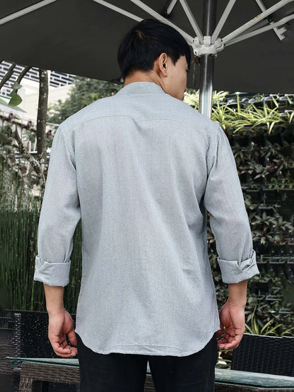 House Of Koala Blue Linen Blend Mandarin Collar Relaxed Fit Shirt