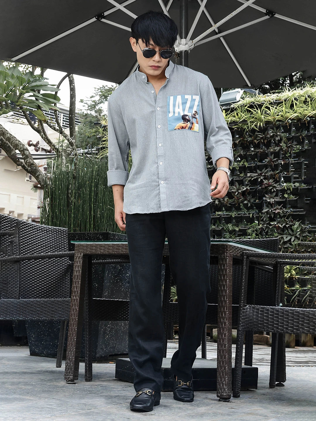 House Of Koala Blue Linen Blend Mandarin Collar Relaxed Fit Shirt