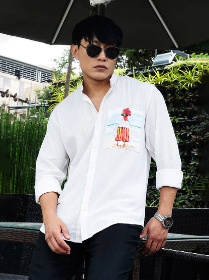 House Of Koala Khadi Blend White Mandarin Collar Relaxed Fit Shirt