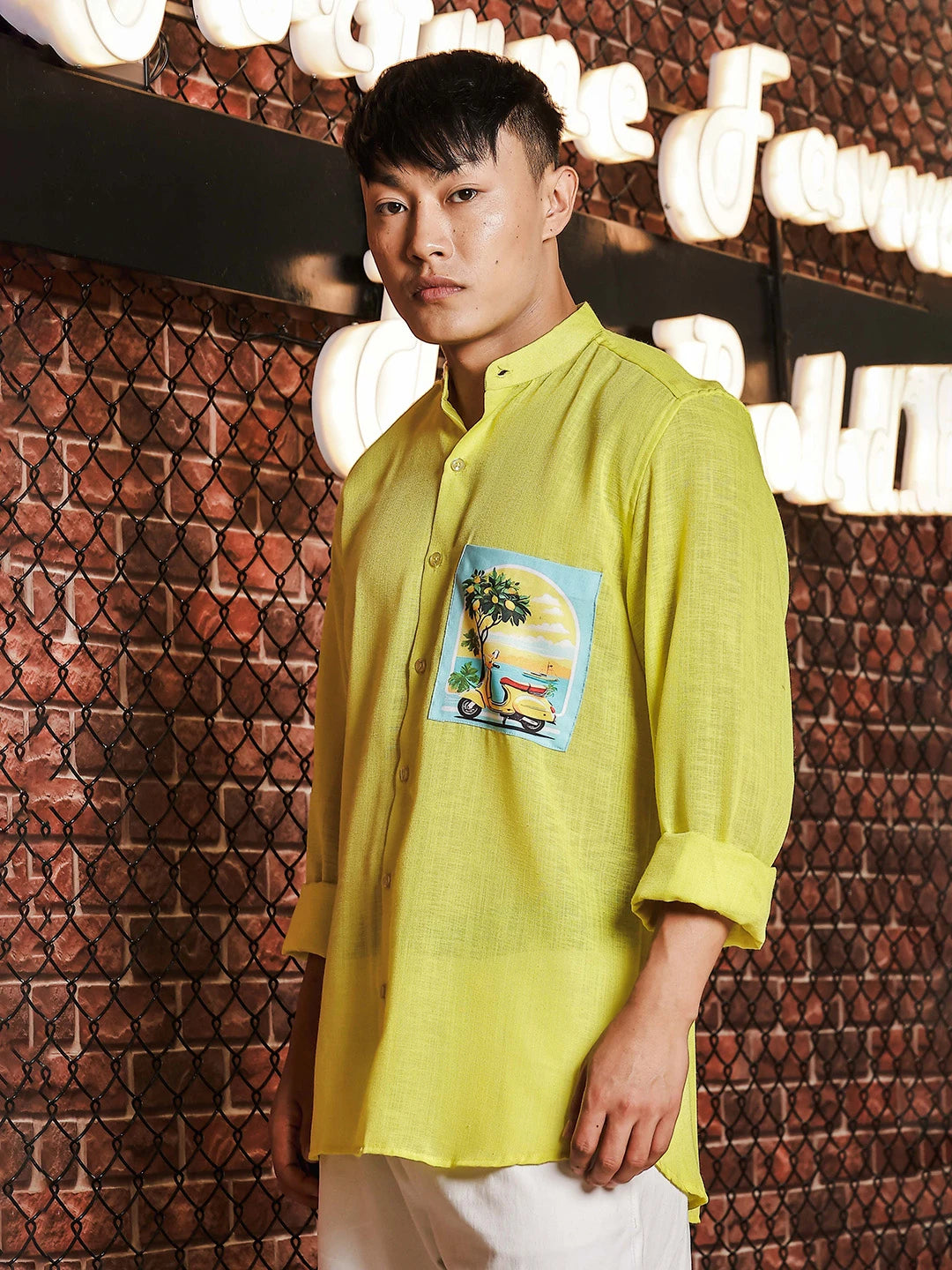 House Of Koala Linen Blend Lime Green Mandarin Collar Relaxed Fit Shirt