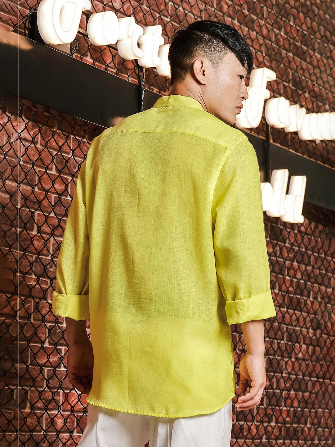 House Of Koala Linen Blend Lime Green Mandarin Collar Relaxed Fit Shirt