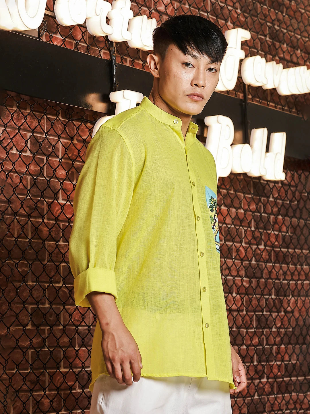 House Of Koala Linen Blend Lime Green Mandarin Collar Relaxed Fit Shirt