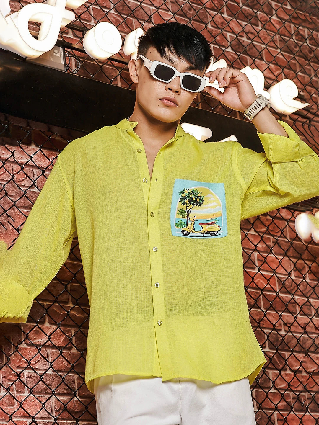 House Of Koala Linen Blend Lime Green Mandarin Collar Relaxed Fit Shirt