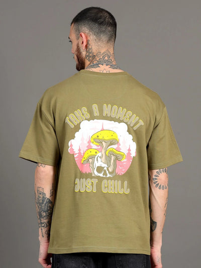 Silisoul Olive Oversized Fit Graphic Print Pure Cotton T-Shirt