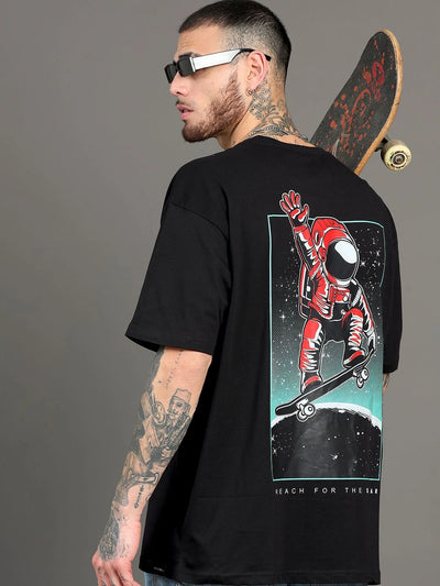 Silisoul Black Oversized Fit Graphic Print Cotton T-Shirt